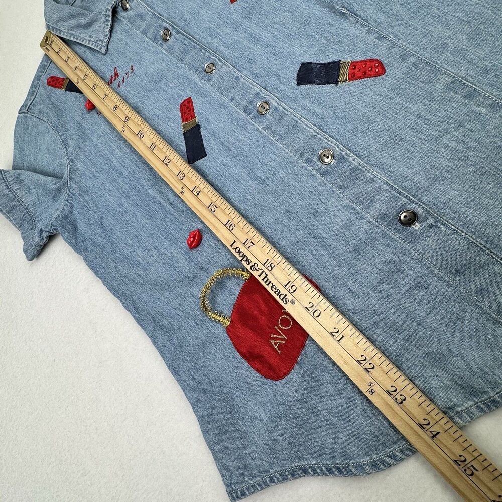 Vintage Avon Denim Button Up Shirt Women S Blue Cosmetics Makeup Retro Ruth - Picture 14 of 15